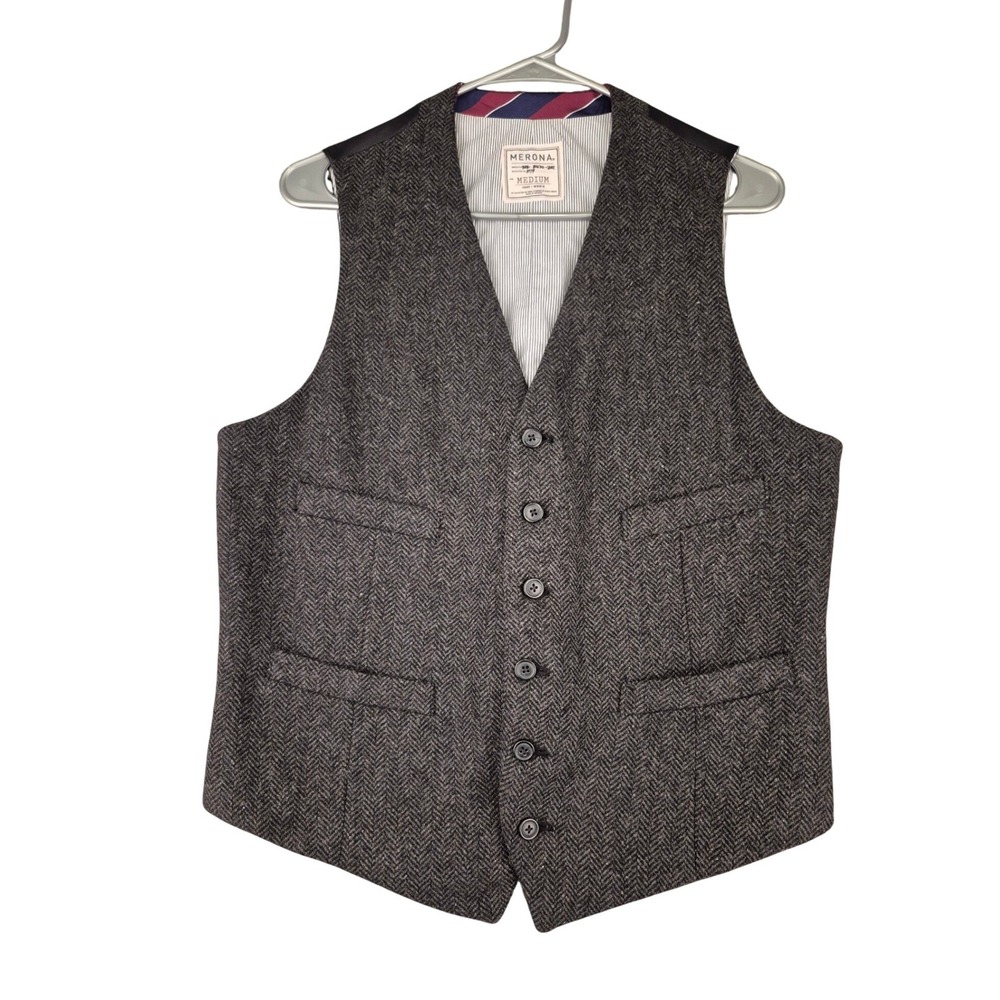 Merona Mens Herringbone Wool Blend Tweed Button Front Waistcoat Vest Gray Medium